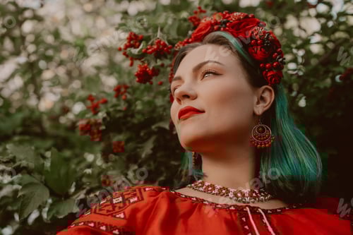 Preview: Woman in Traditional Dress with Floral Headdress