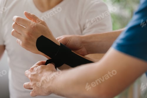 Preview: Close-up of a healthcare professional applying kinesiology tape to a patient's arm.