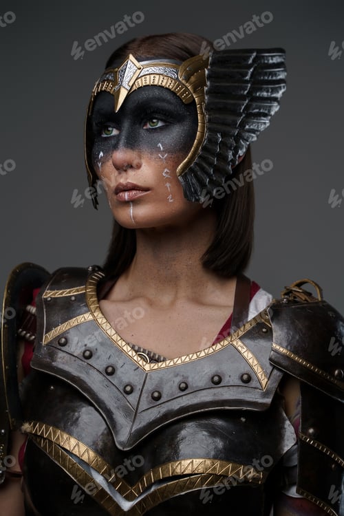 Preview: Wild amazon dressed in steel armor against grey background