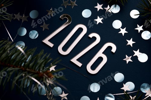 Visualização: Fundo azul de Ano Novo de 2026. Número do próximo ano na decoração de Natal.