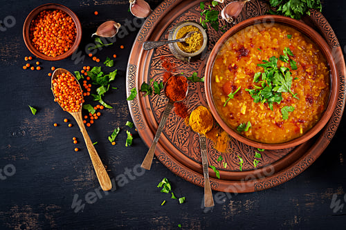 Preview: Indian Dhal spicy curry in bowl, spices, herbs, rustic black wooden background.