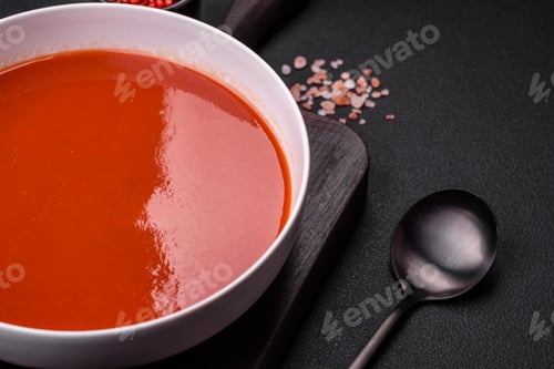 Preview: Delicious fresh gazpacho with breadcrumbs, salt and spices in a ceramic plate