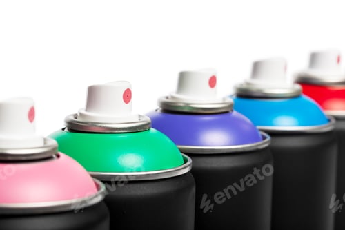 Preview: Colorful spray paint cans lined up for artistic expression in a creative space