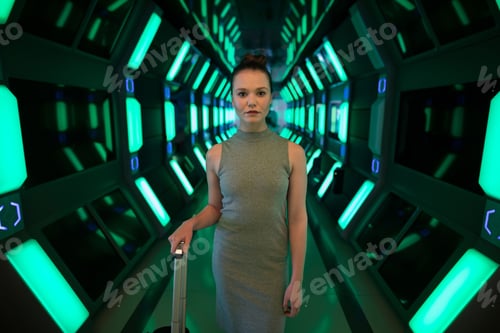 Preview: Woman wearing grey dress standing holding suitcase, gazing at hexagonal panels in sci-fi tunnel