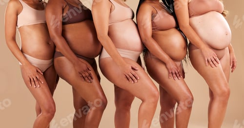 Preview: Pregnant body, women or stomach in row on studio background in community, diversity or baby support