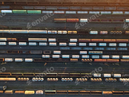 Preview: Aerial view of railway wagons. Cargo trains at sunset