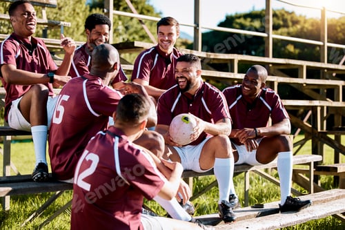Preview: Sports, smile and rugby team on field ready for exercise, training and workout for sport competitio