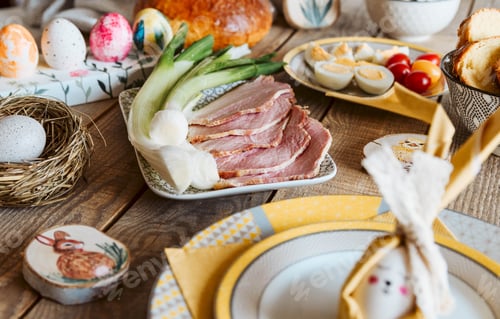 Preview: Close-up image of Easter egg decorated as easter bunny. Table full of delicious food.