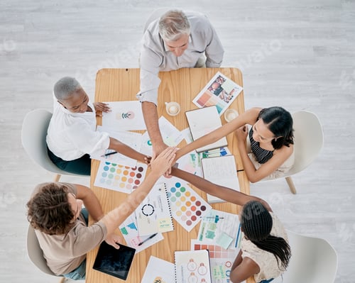 Preview: Team work, hands or creative business people in a meeting planning a logo, branding or marketing co