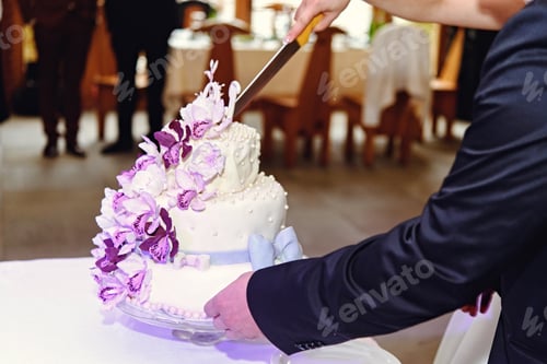 Preview: beautiful newlyweds cutting stylish cake with orchids, celebrating wedding