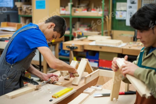 Preview: Vocational school students working in a carpenter's workshop