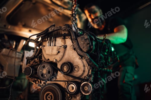 Preview: Mechanic attaching engine to car's body within a spacious workshop.