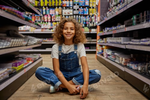 Preview: Happy girl sitting on floor of stationery store