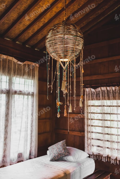 Preview: Handmade decorative wicker lamp in wooden house ethnic style