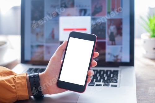 Preview: Woman holding blank screen mock up mobile phone and finger touching