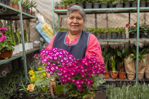 Preview: Friendly Hispanic female gardener in a nursery