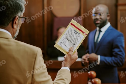 Preview: Middle Aged Man Presenting Evidence to Young Adult Black Man in Courtroom