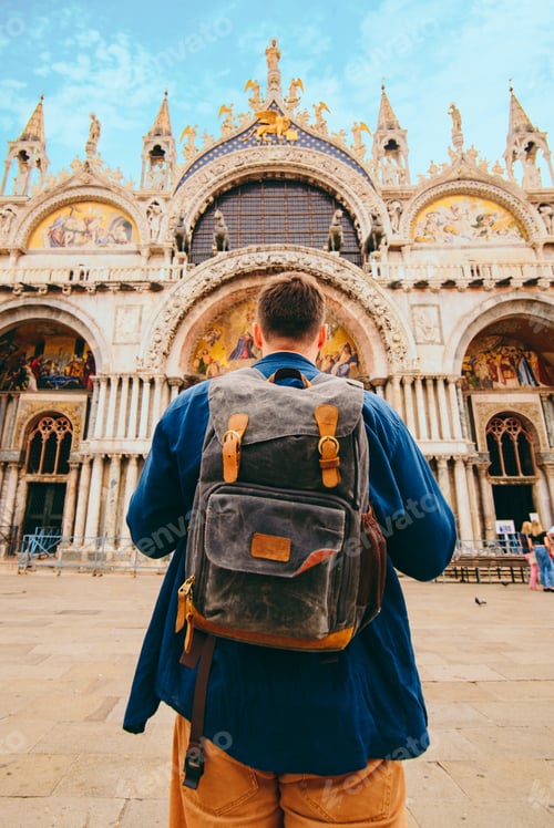 Preview: Tourist Man With Backpack Standing In Front Of Saint Marco Basilica Venice, Italy