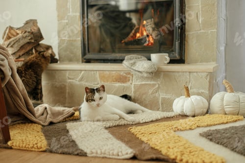 Preview: Cute cat relaxing on cozy rug at fireplace. Adorable kitty lying at warm fireplace with decor