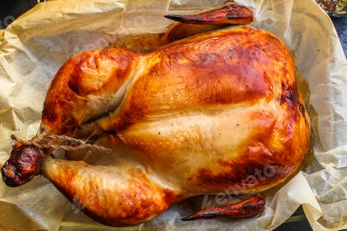 Preview: Chicken Baked Grill (Poultry, Whole Hen) Menu Concept. Food Background. Top View. Copy Space