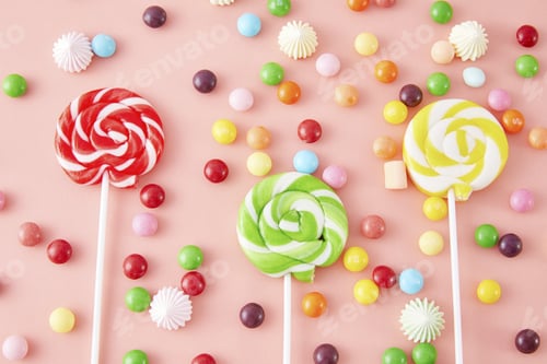 Preview: Top view closeup of multiple colorful lollipops and skittles on a pink background
