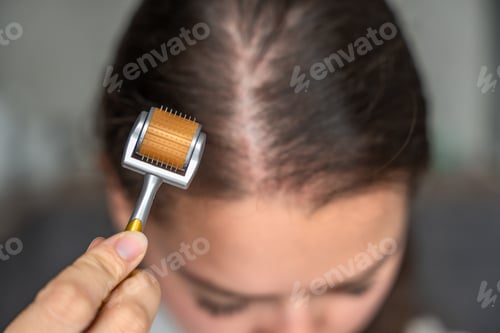Preview: Close up view of young woman using microneedle derma roller on head for stimulating new hair growth