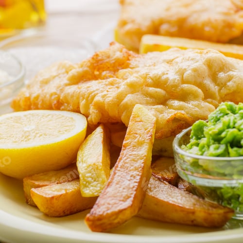 Preview: Traditional British street food fish and chips with tartar sauce