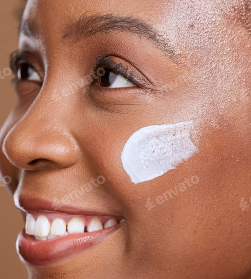Preview: Skincare, face cream and black woman happy about health, natural wellness and dermatology. Beauty,