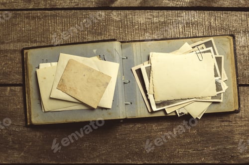 Preview: Old photo album with empty pages and loose photographs on wooden table
