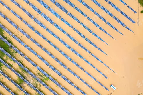 Preview: Aerial view of flooded solar power station with dirty river water in rain season