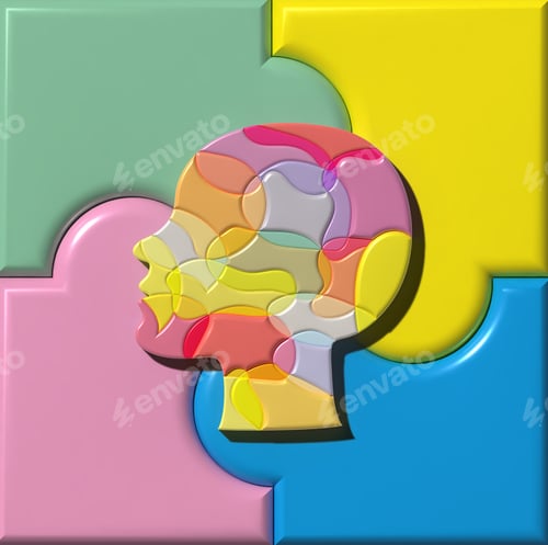 Preview: Silhouette of a female head consisting of multi-colored figures on a background of puzzles