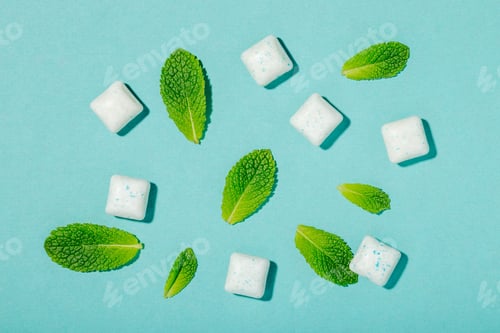 Preview: Different types of mint chewing gum and fresh mint leaves on a blue background top view