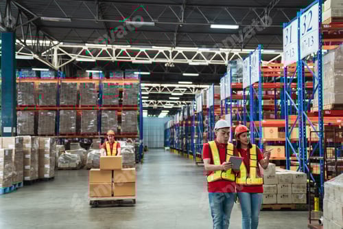 Preview: Warehouse workers walking to check details stock product and moving goods and counting stock.