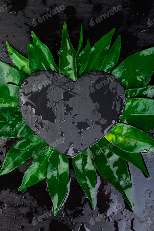 Preview: Creative layout made of leaves with black slate plate card note.