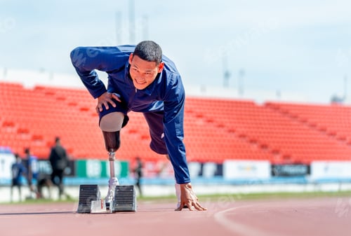 Preview: Sport man athlete with a prosthesis on his leg action of stretch one leg back look like to warm up