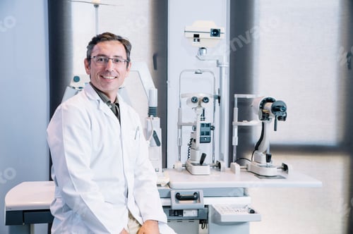 Preview: Portrait of handsome eye doctor sitting with ophthalmologic device in the cabinet