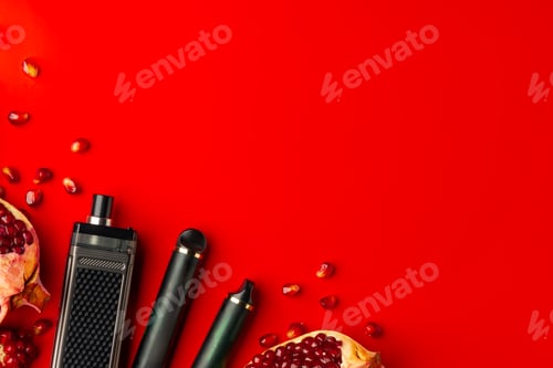 Preview: Electronic cigarette with pomegranate flavor on red background