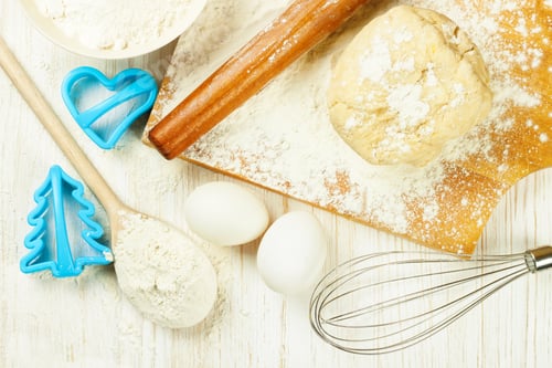 Preview: Baking ingredients on white wooden background. Top view, flat lay