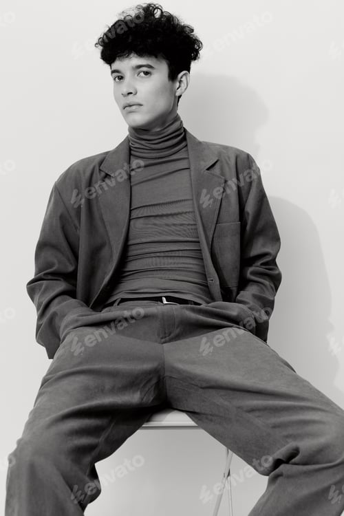 Preview: Style man pose and trendy white fashion black clothing suit