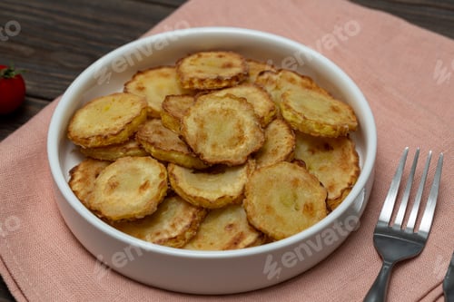 Preview: Slices of fried crookneck in oil with garlic on a wooden background