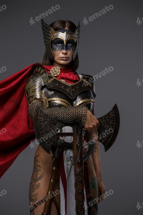 Preview: Medieval woman viking with axe and painted face