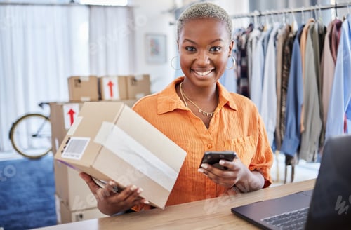 Preview: Phone, portrait or black woman with box for delivery, shipping package or ecommerce logistics. Onli