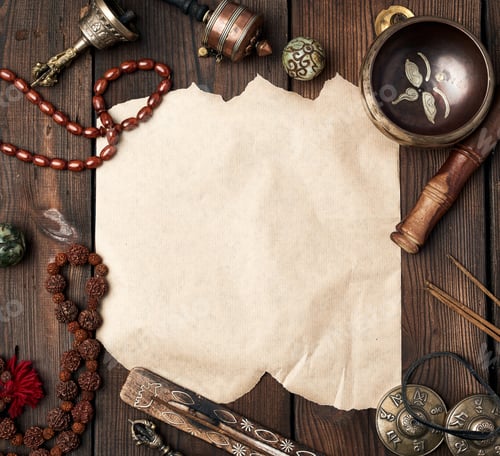 Preview: Tibetan religious objects for meditation and alternative medicine, empty brown sheet of paper