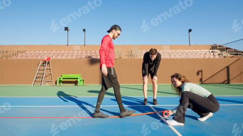 Preview: Group of young adult friends converting a Tennis court to a Pickleball