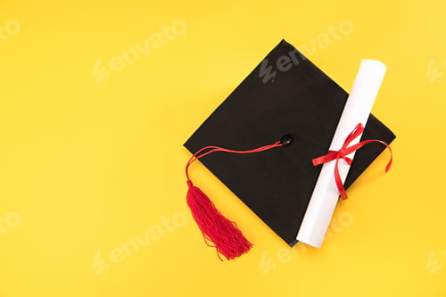 Preview: Top view of graduation mortarboard and diploma on yellow background, education concept