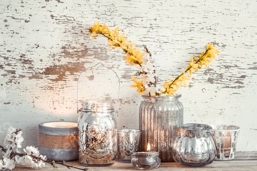 Preview: Home decor on wooden background with spring flowers