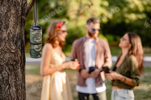 Preview: company of friends having fun together in park listening to music