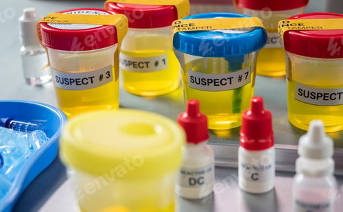 Preview: Various containers with human urine, crime lab, murder suspects labelled on each, conceptual image