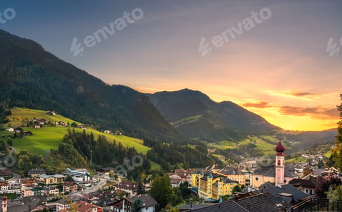 Preview: Sunset over Ortisei St Ulrich, Dolomites Alps mountains, Italy.