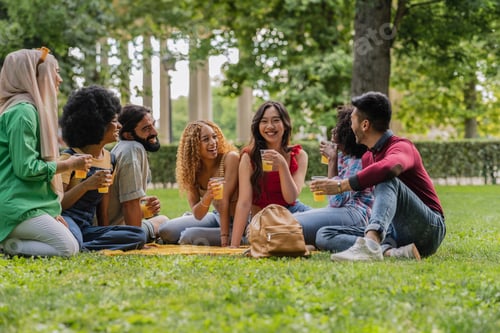 Preview: group of multiracial friends in the park having fun and drinking together
